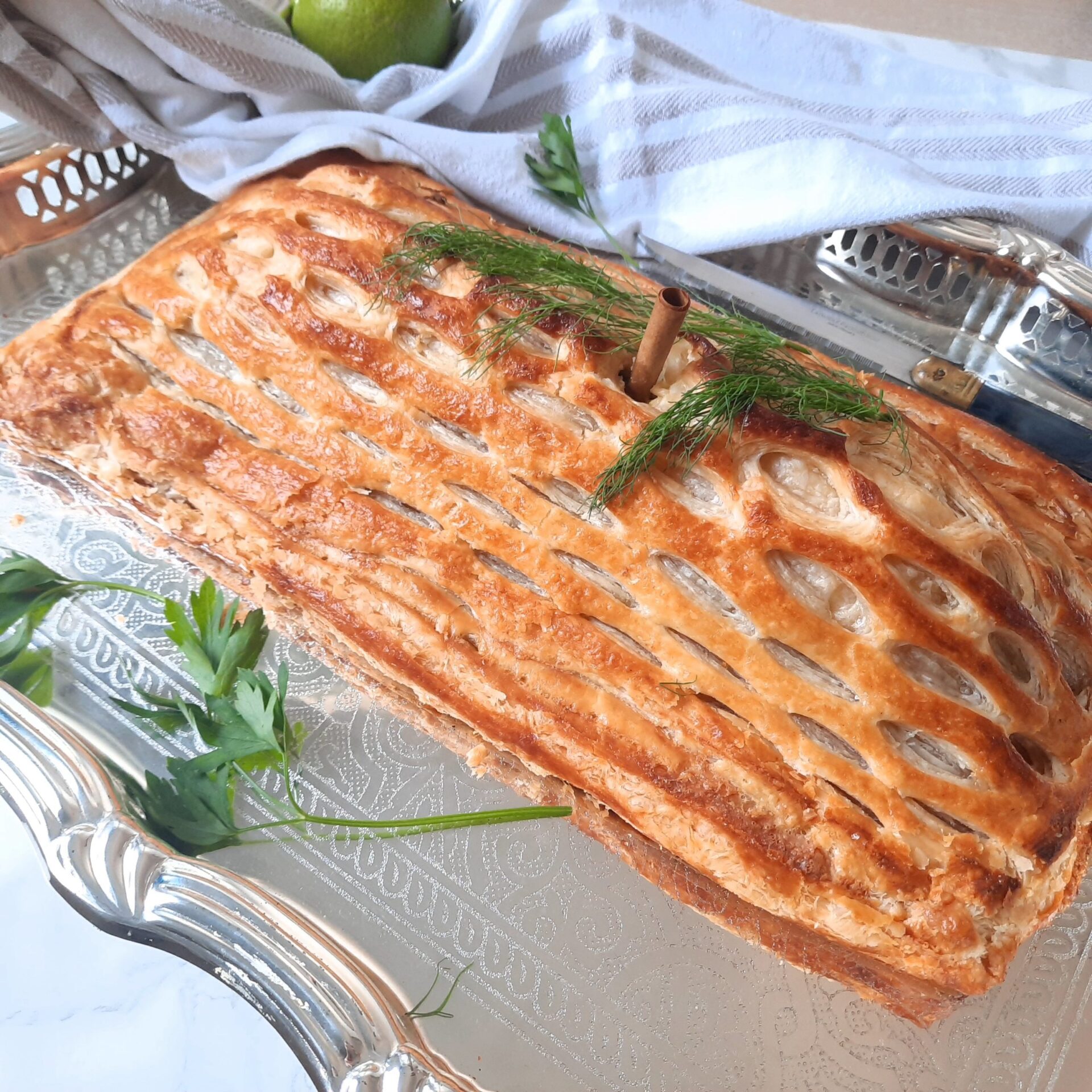 Traditional Russian pancakes pie - kurnik. Stock Photo